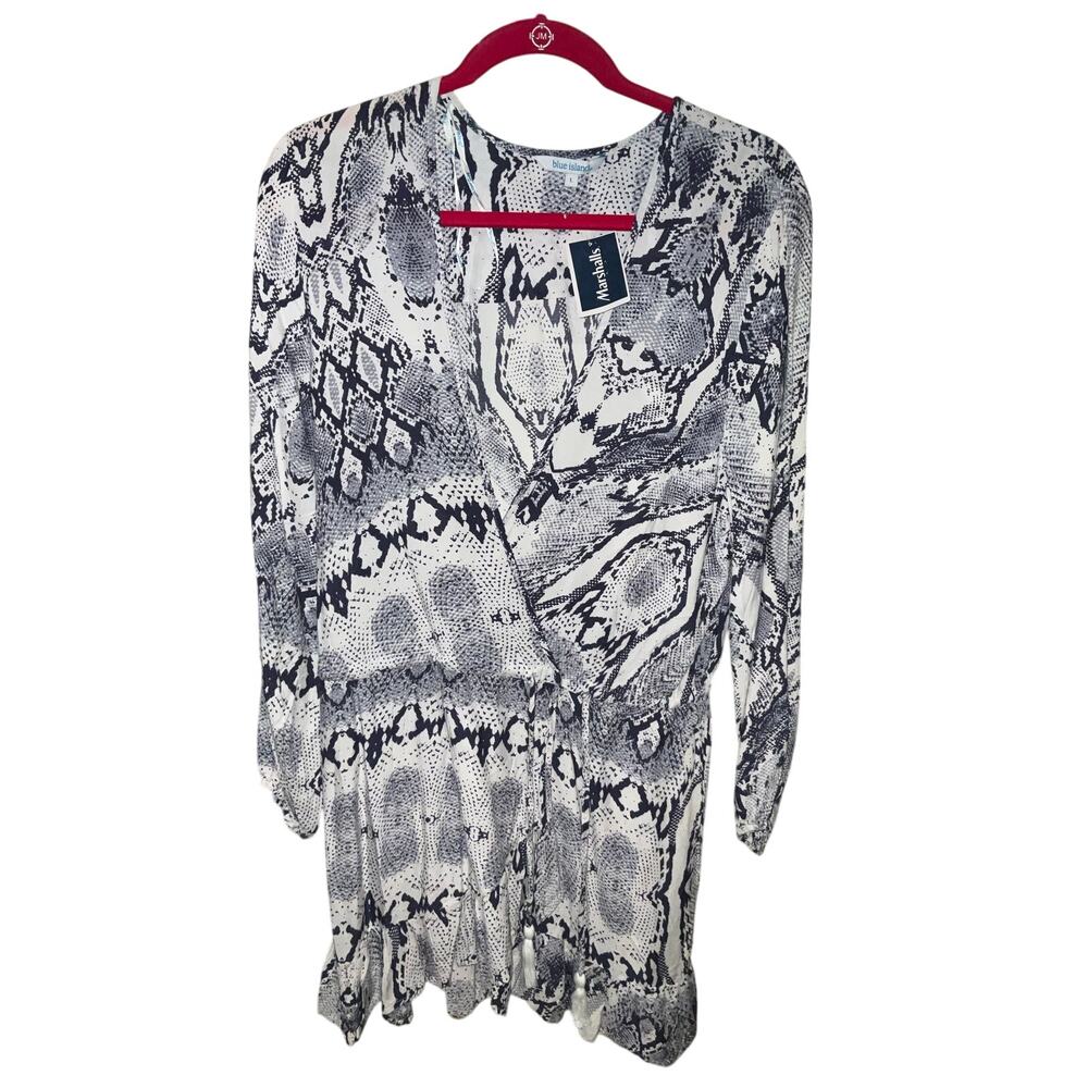 Blue Island Blue Beach Pool Oversized Tunic Snake Print Deep V Dress Size L